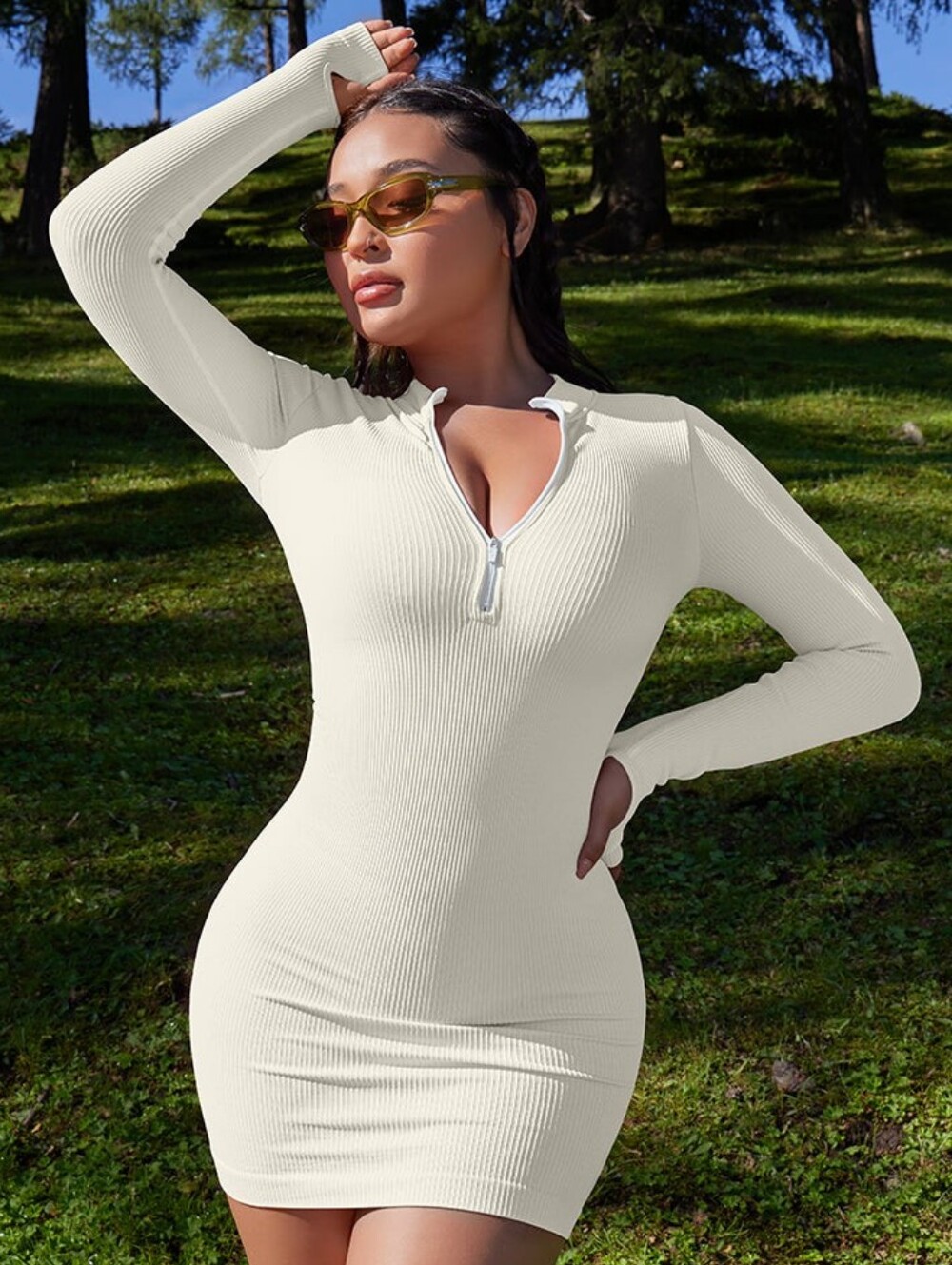 OQQ Zip Front Long Sleeve Dress - Cream